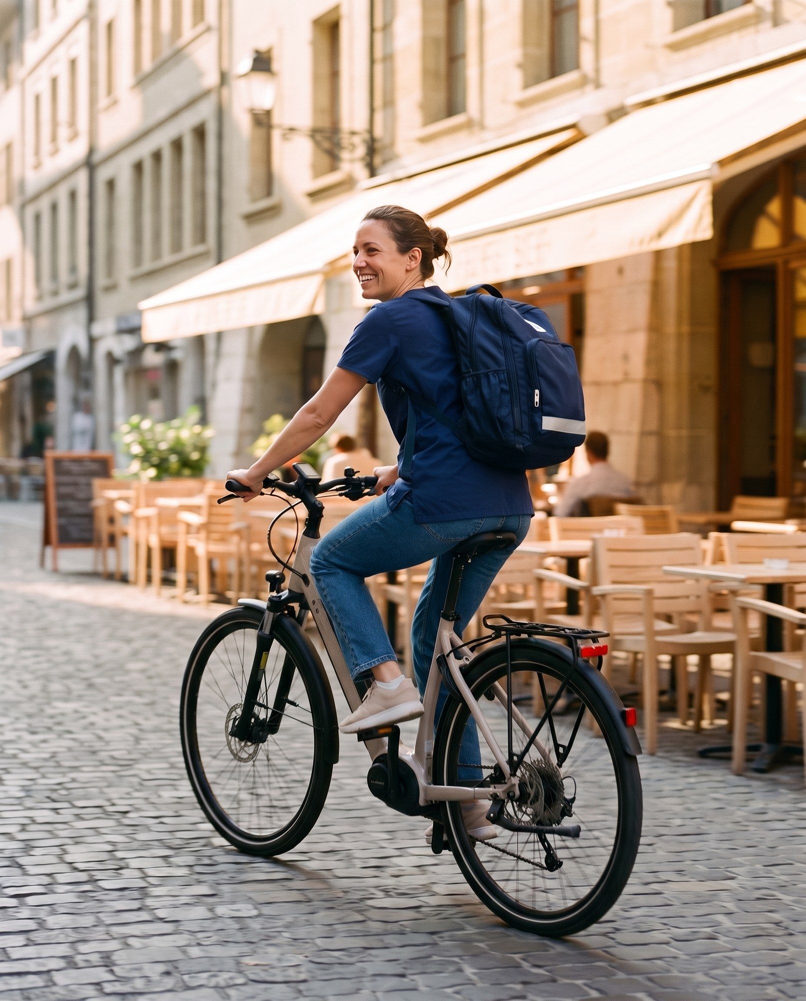 Infirmière à vélo électrique dans une rue de la Vieille-Ville de Genève