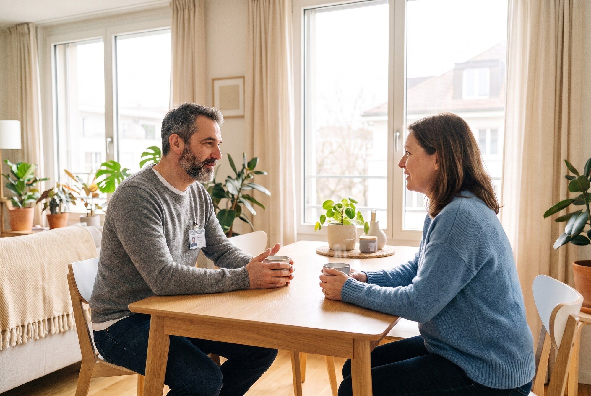 Infirmier en conversation avec une patiente autour d’un thé